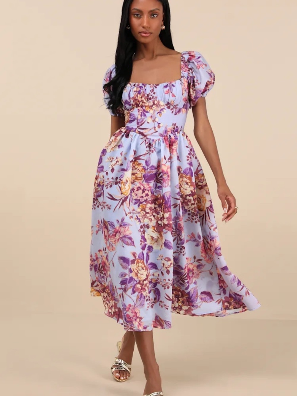Lulu's Adorable Tendencies Periwinkle Floral Puff Sleeve Midi Dress